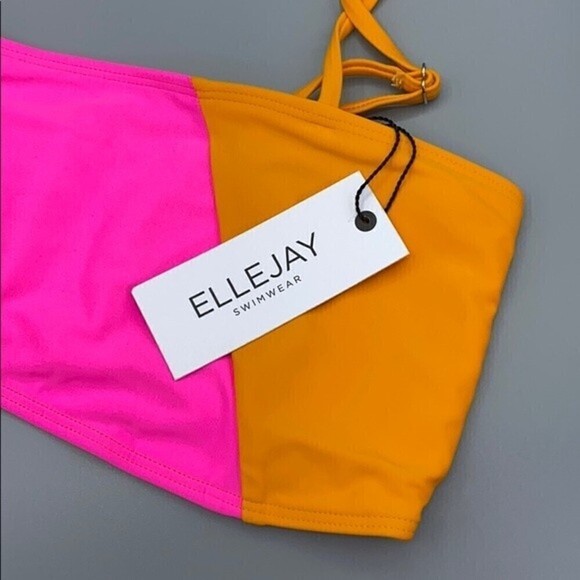 Ellejay Lauren Pink Orange Color Block Bandeau Bikini Top Size Large NWT - Picture 3 of 8
